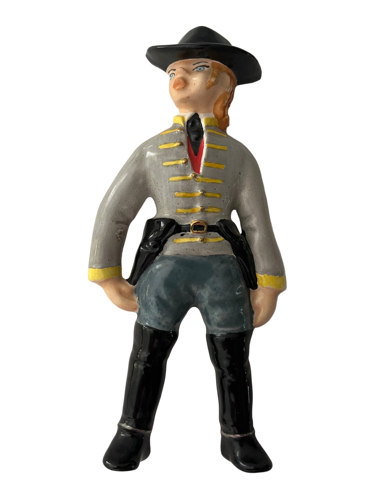 EUROPEAN CEAMIC WALL PLAQUE, SOLDIER IN CAVALRY UNIFORM WITH DOUBLE GUN HOLSTERS GUN, HEIGHT 18cm.
