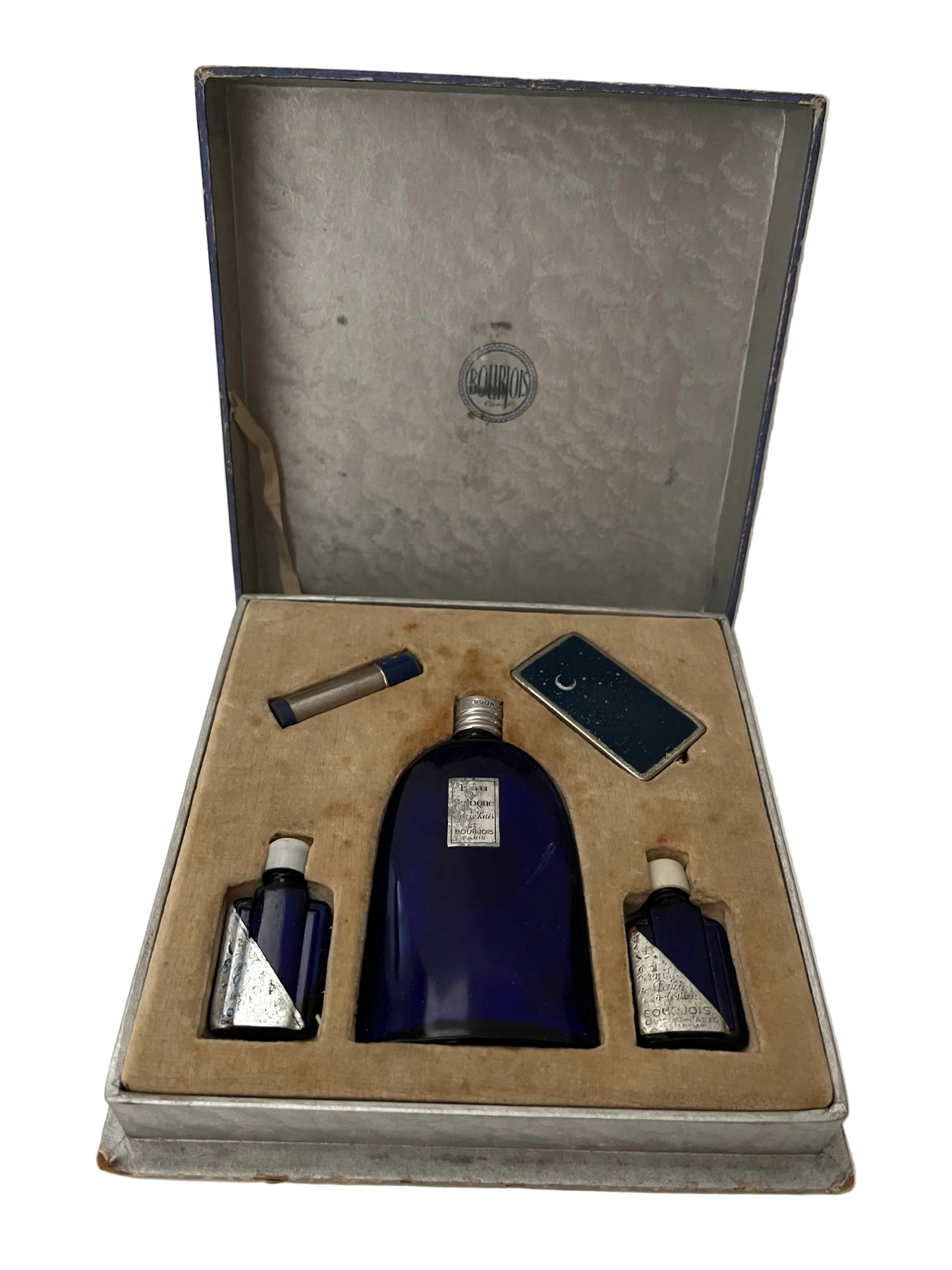 VINTAGE BOURJOIS EVENING IN PARIS (SOIR DE PARIS) FITTED GIFT BOX WITH ORIGINAL BOTTLES, BOX 16cm SQUARE.