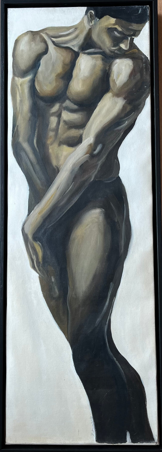 BRUTALIST MALE NUDE, OIL ON CANVAS, ARTIST UNKNOWN, CUSTOM WOODEN FRAME, 30 X 90cm.