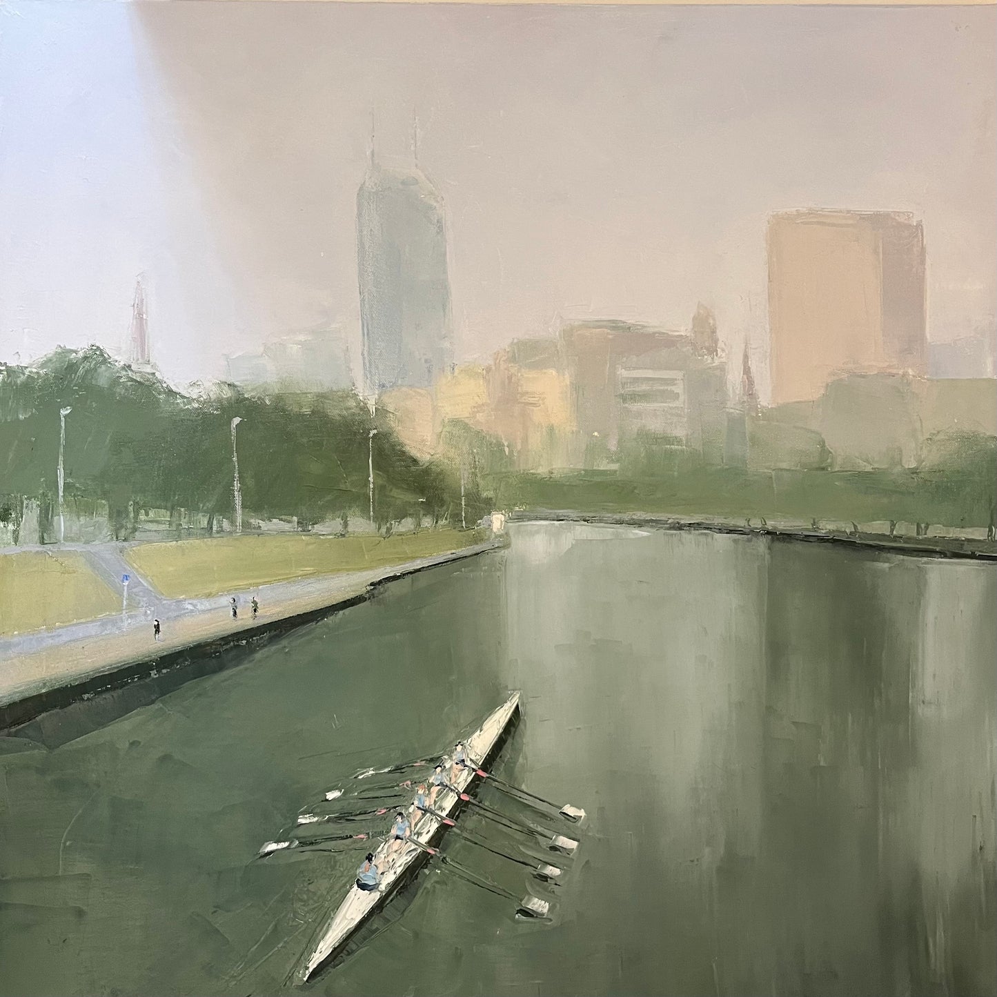 SALLY JOUBERT, ROWERS ON THE YARRA, OIL ON CANVAS, 2010, 70cm SQUARE.