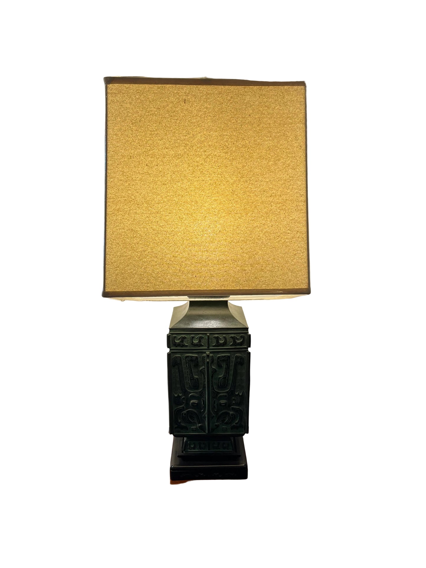 MID-CENTURY, JAMES MONT STYLE 'TOATIE' MASK DESIGN LAMP WITH ORIGINAL LINEN SHADE, TOTAL HEIGHT 82cm, Circa 1960.