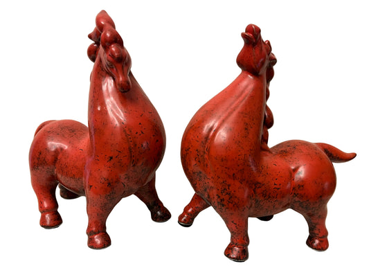 A PAIR OF ‘CHUBBY HORSE’ FIGURES, TRANG LONG CERAMICS VIETNAM, FLAMBÉ SATIN FINISH GLAZE, HEIGHT 20cm, WIDTH 18cm.