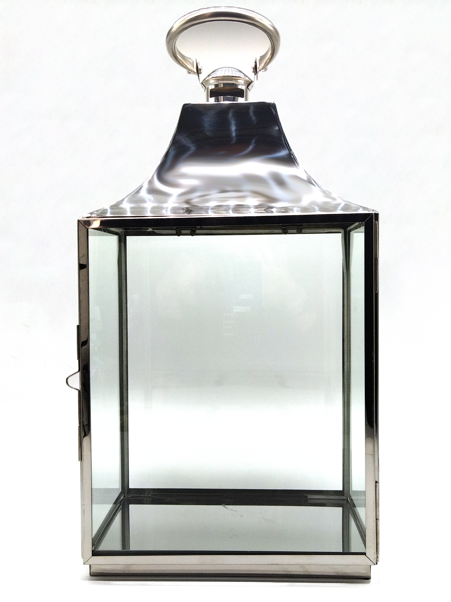 IMPRESSIVE HANDMADE STAINLESS STEEL & GLASS LANTERN WITH BELL FINIAL, HEIGHT 54cm.