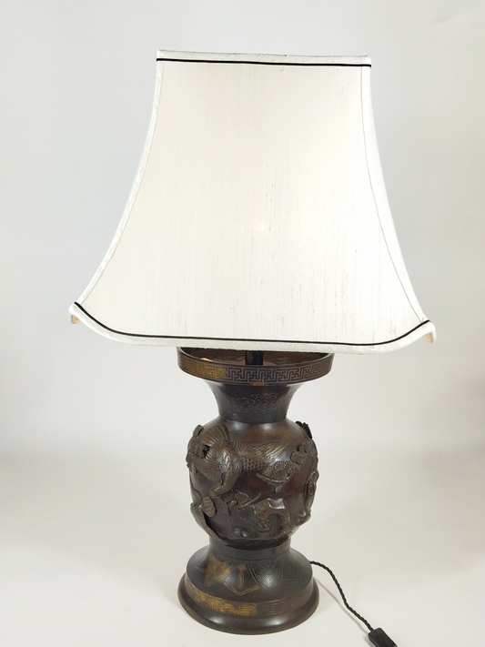 IMPRESSIVE JAPANESE BRONZE LAMP WITH PHOENIX MOTIF, CUSTOM MADE SILK SHADE, 19th CENTURY, HEIGHT INCLUDING SHADE 95CM.