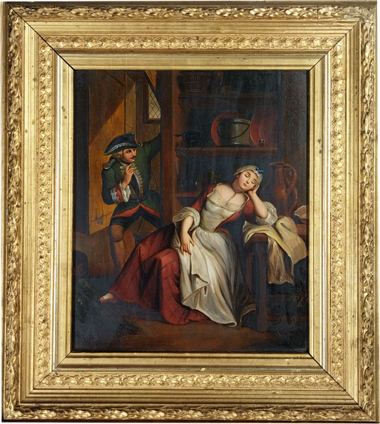 ITALIAN SCHOOL, COURTING SCENE, 19th CENTURY, OIL ON TIN, IMAGE 20 x 24cm, ORIGINAL GOLD FRAME 31 x 35cm.