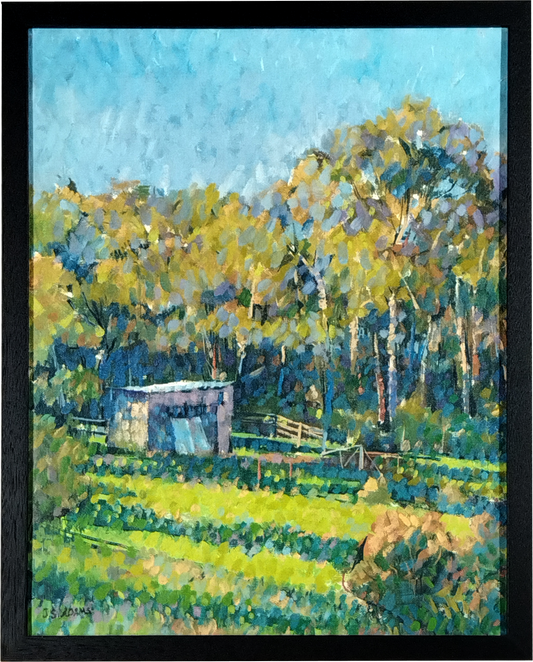 J. S. ADAMS, RURAL SCENE SMITHS HILL, KING LAKE VICTORIA, OIL ON CANVAS BOARD, 37 x 47cm, CUSTOM NADE FRAME 40 x 52cm.