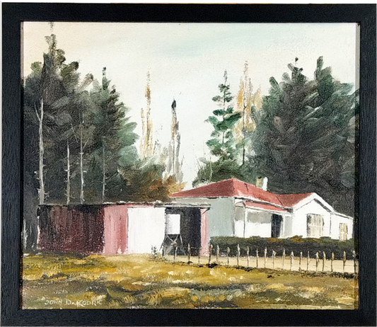 JOHN D. KODRIC, FARM HOUSE NEAR WAIMAUKU, ACRYLIC ON BOARD, IMAGE 37 x 32cm, CUSTOM MADE FRAME  41 x 36cm.