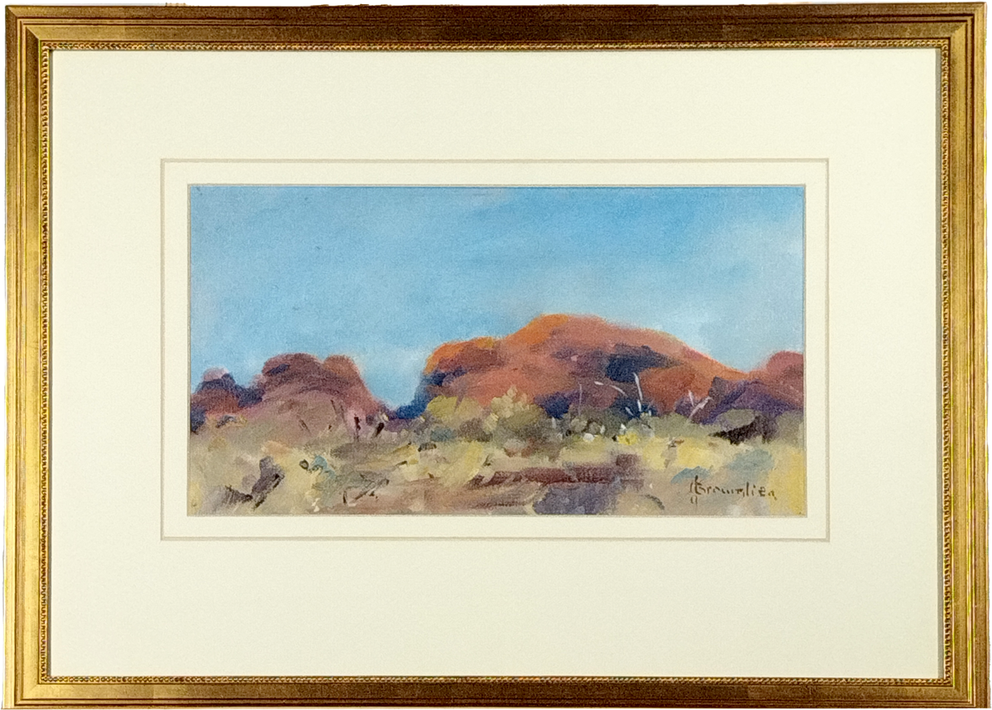 JUDY BROWNIE, MOUNTAIN LANDSCAPE, OIL ON BOARD, IMAGE 31 x 17cm, FRAME 50 x 37cm.