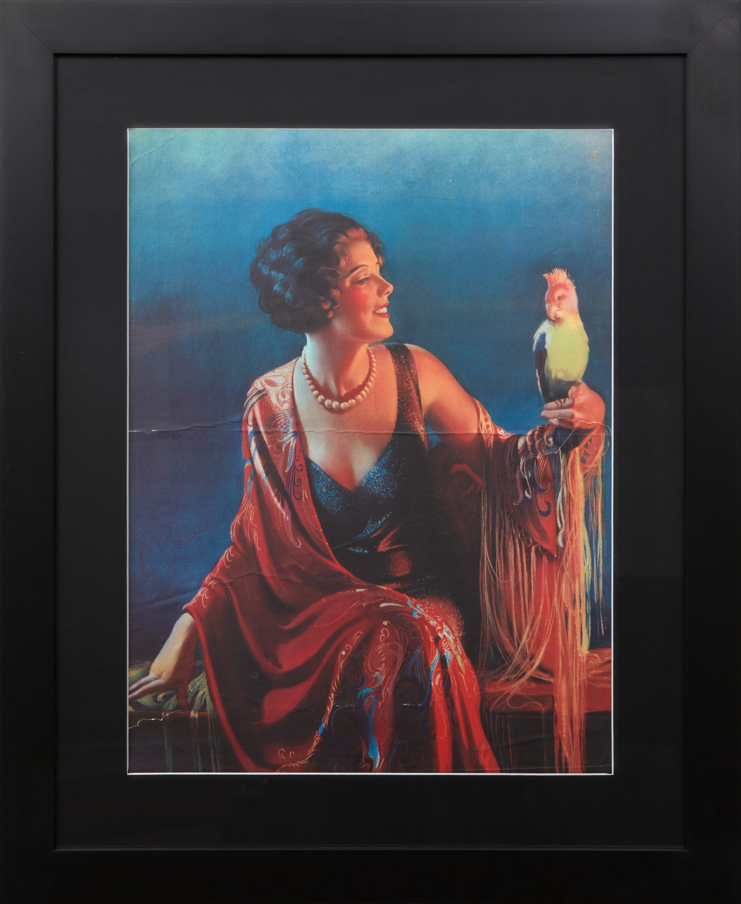 VINTAGE GENE PRESSLER PRINT, LADY WITH A PARROT