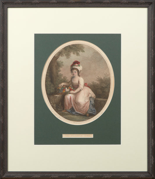 THE FLOWER GIRL, ORIGINAL HAND COLOURED ENGRAVING