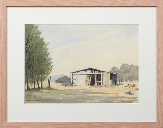 GEOFFREY MITTON, FARM LANDSCAPE WITH BARN, WATERCOLOUR