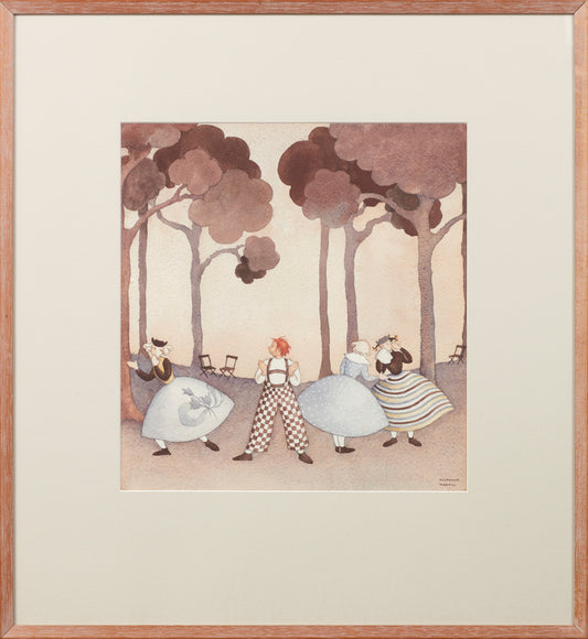 FIGURES IN THE FOREST, FLORENCE MARTIN, 1908-1984, FRAMED WATER COLOUR, SIGNED LOWER RIGHT, IMAGE 30  x 33cm, FRAME 52 x 57cm.