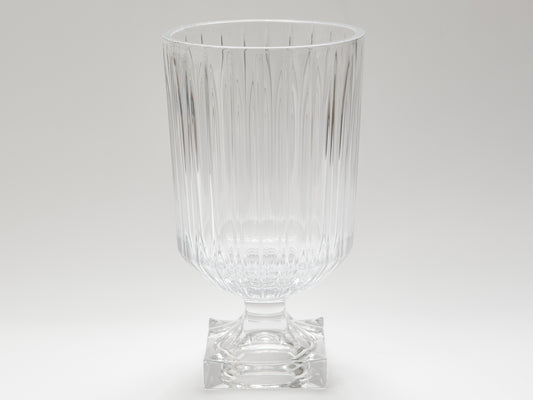 A PAIR OF CRYSTAL HURRICANE LAMPS WITH SQUARE FOOTED BASE,  HEIGHT 31cm.