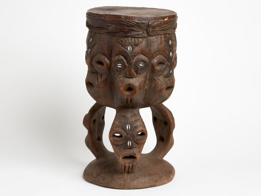 FIGURAL TRIBAL DRUM WITH SHELL INLAY