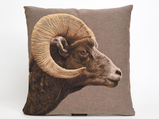 ADORABELLA, BROWN ARGALI RAM JACQUARD CUSHION, 45cm SQUARE, MADE IN AUSTRALIA.