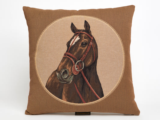 ADORABELLA, JACQUARD CUSHION, HORSE IN PROFILE FACING LEFT, 45cm SQUARE, MADE IN AUSTRALIA.