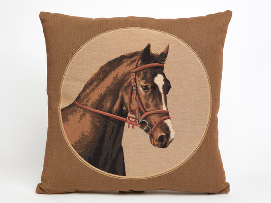 ADORABELLA, JAQUARD CUSHION, HORSE IN PROFILE FACING RIGHT, 45cm SQUARE, MADE IN AUSTRALIA.