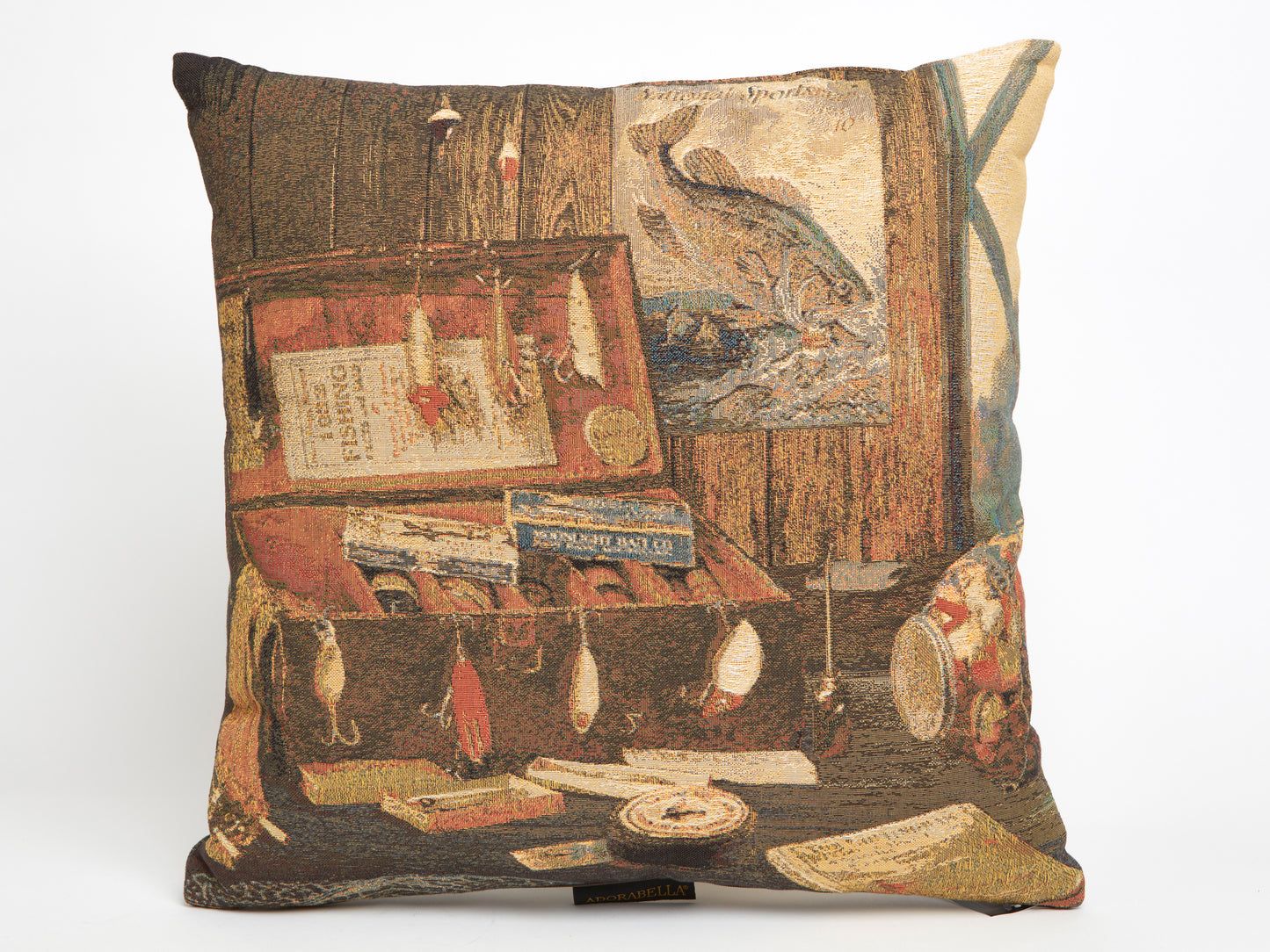 ADORABELLA TAPESTRY CUSHION, DOUBLE SIDED FISHING MOTIF, 42cm SQUARE, MADE IN AUSTRALIA.