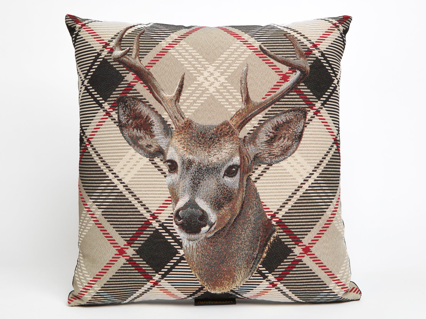 ADORABELLA TAPESTRY CUSHION, DEER HEAD IN BEIGE TARTAN, 42cm SQUARE, MADE IN AUSTRALIA.