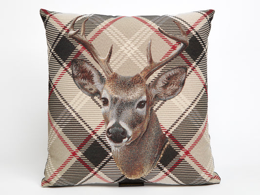 ADORABELLA, JACQUARD FABRIC CUSHION,, DEER HEAD IN BEIGE TARTAN, 42cm SQUARE, MADE IN AUSTRALIA.