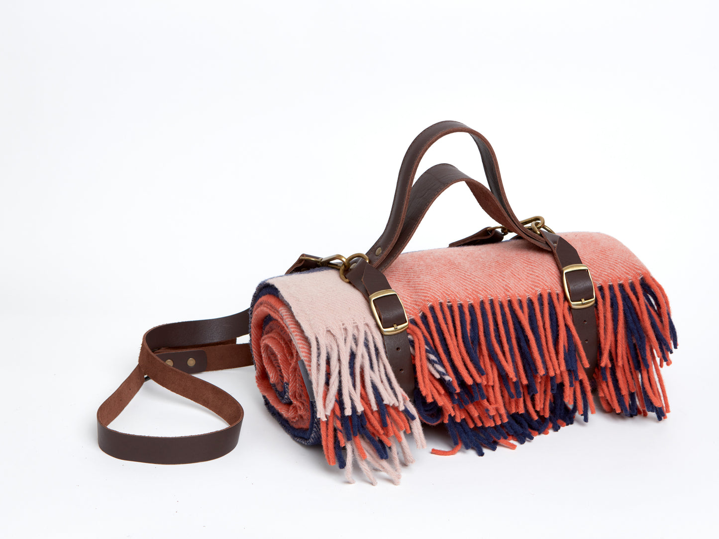 WAVERLEY MILLS MERINO WOOL PICNIC RUG - GRAZE, CAMEO ROSE, EMBERGLOW & ECLIPSE, 152 x 170cm, WITH LEATHER CARRIER AND SHOULDER STRAP.