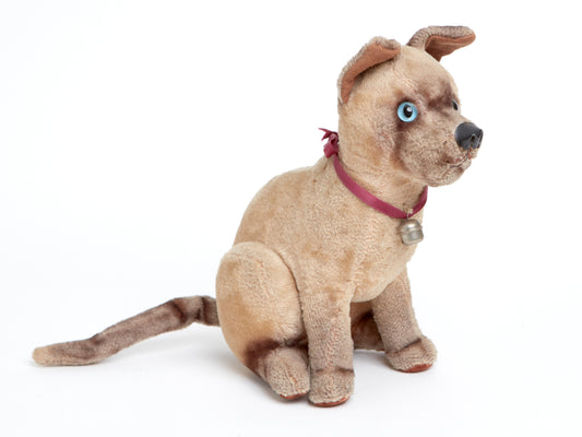 A VINTAGE PLUSH TOY DOG WITH BLUE GLASS EYES, CIRCA 1930.