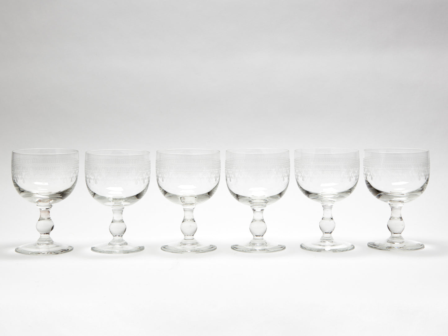 SET OF SIX ETCHED WINE GOBLETS, EARLY 20th CENTURY