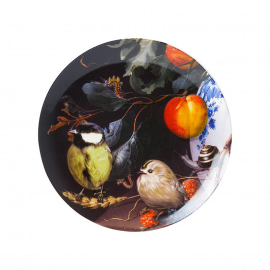 HEINEN DELFTS BLAUW WALL PLATE, KOOLMEES IN STILL LIFE, 20cm.