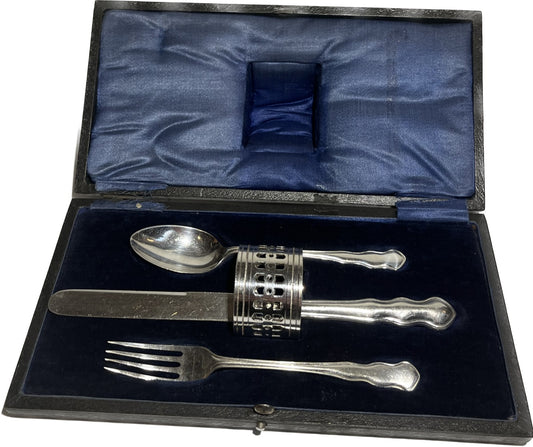 ANTIQUE CHILD'S SILVER PLATED CUTLERY SET WITH NAPKIN RING & FITTED BOX, W.R.H. & Co.