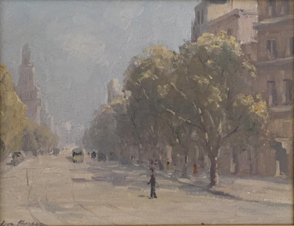 LEON HANSON (1918-2011), COLLINS STREET MELBOURNE, OIL ON BOARD, SIGNED LOWER LEFT, 16 x 21cm.