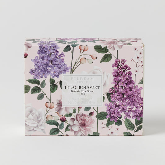 PILBEAM LILAC BOUQUET BANKSIA ROSE SCENTED SOAP GIFT SET OF TWO.