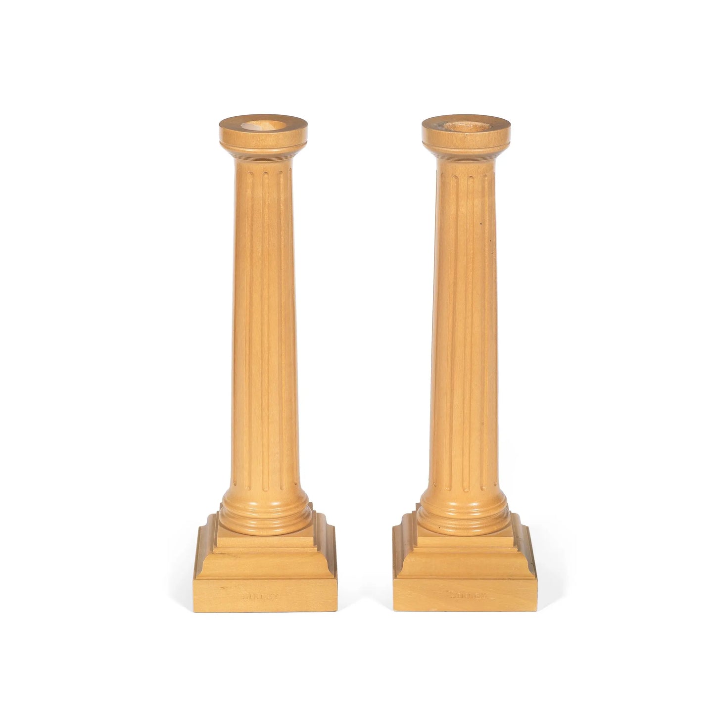 DAVID LINLEY, A PAIR OF SYCAMORE FLUTED COLUMN CANDLE HOLDERS WITH STEPPED SQUARE BASE, STAMPED 'LINLEY', CIRCA 1990, HEIGHT 31cm.