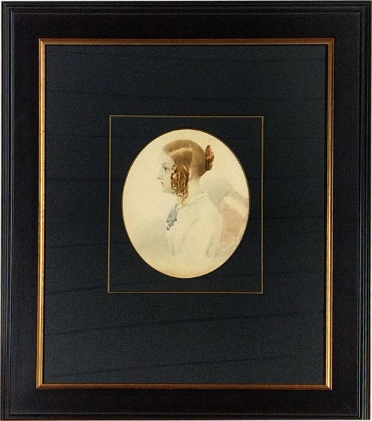 PORTRAIT OF MARY TRAPPES OF STAULEY HOUSE, WATERCOLOUR, CIRCA 1830, 16 x 14cm, RECENT CUSTOM MADE FRAME 38 x 45cm.