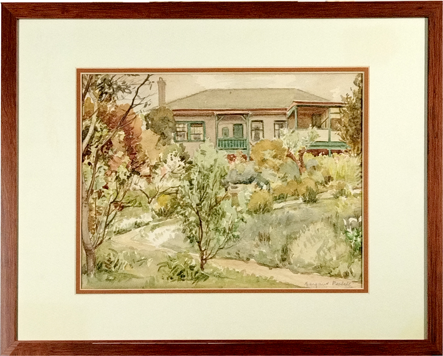 MARGARET PESTELL (1894-1984) KYNETON, PATHWAY TO THE HOUSE, WATERCOLOUR, CIRCA 1940, 34 x 26cm,  CUSTOM MADE FRAME, 54 x 44cm.