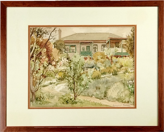 MARGARET PESTELL (1894-1984) KYNETON, PATHWAY TO THE HOUSE, WATERCOLOUR, CIRCA 1940, 34 x 26cm,  CUSTOM MADE FRAME, 54 x 44cm.