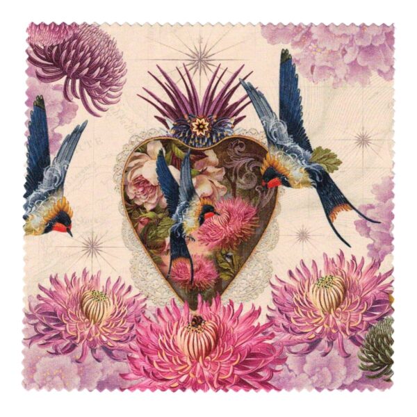 ISABELLE FRIOUX COLLECTION, 'SWALLOWS WITH LOVE HEART' VELOUR CUSHION, MADE IN FRANCE, 40cm SQUARE.