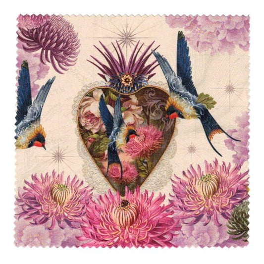 ISABELLE FRIOUX COLLECTION, 'SWALLOWS WITH LOVE HEART' VELOUR CUSHION, MADE IN FRANCE, 40cm SQUARE.