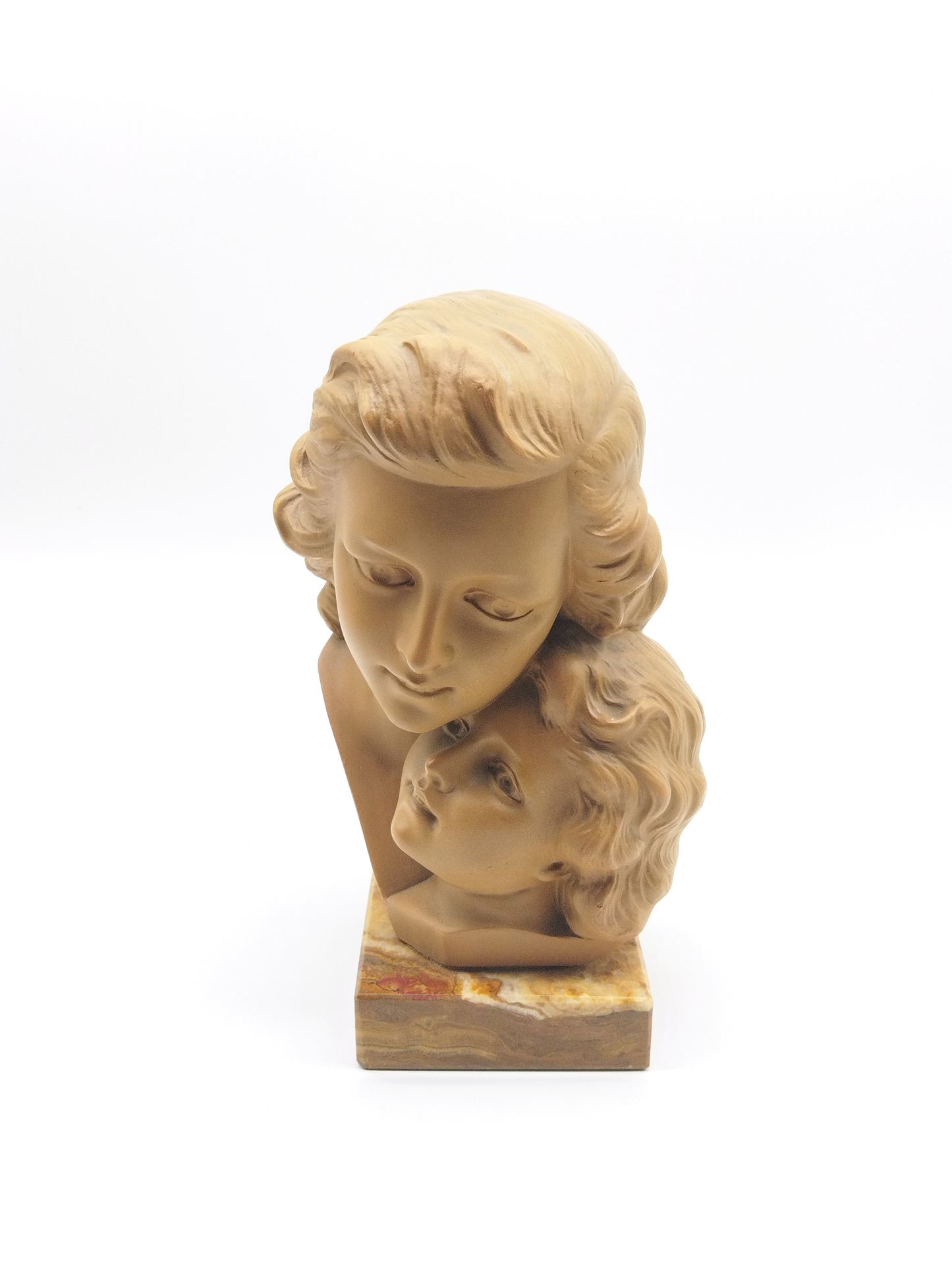MOTHER & CHILD, BUST IN PAINTED CERAMIC ON A MARBLE BASE, SIGNED R. AURELI, HEIGHT 30cm.
