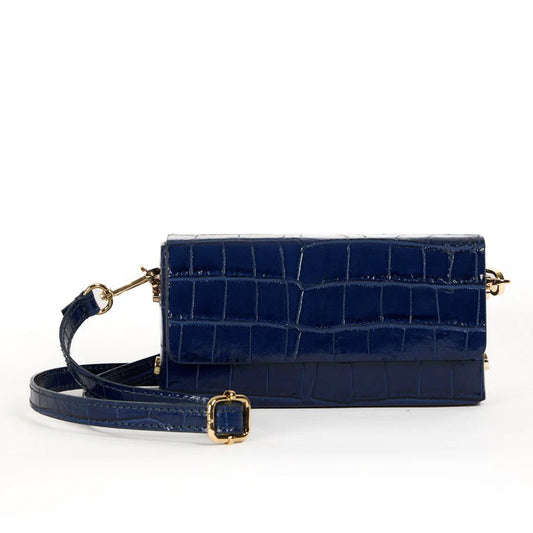 MAISON FANLI, 'MARGOT' NAVY CROCO LEATHER CROSSBODY / CLUCH BAG, 19 x 9 x 5cm, MADE IN ITALY.