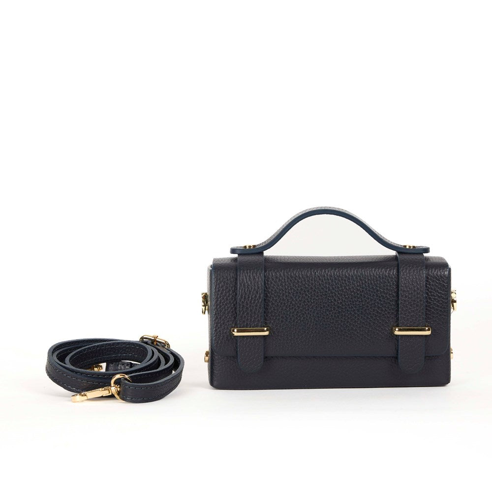 MAISON FANLI, 'MARGO' NAVY GRAINED LEATHER CROSSBODY / CLUCH BAG, WITH DETACHABLE SHOULDER STRAP,19 x 9 x 5cm, MADE IN ITALY.