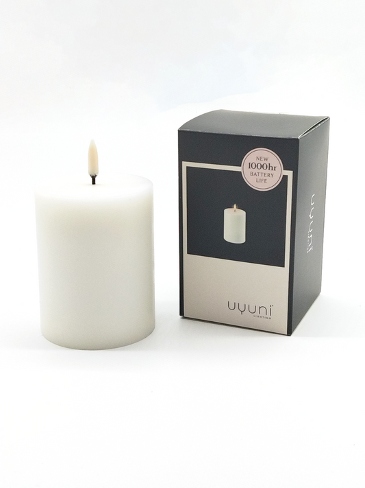 UYUNI REAL WAX FLAMELESS MINI PILLAR CANDLE, NORDIC WHITE, 7.8 x 10.1cm.