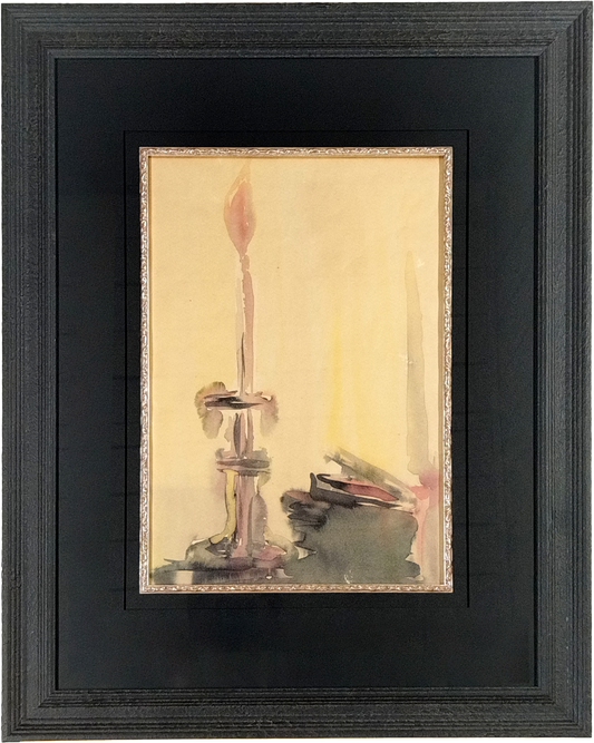 ORIGINAL ANTIQUE WATERCOLOUR OF A CANDLESTICK AND BOOKS, DELUXE CUSTOM MADE FRAME, IMAGE 27 x 40cm, FRAME 53 x 68cm.