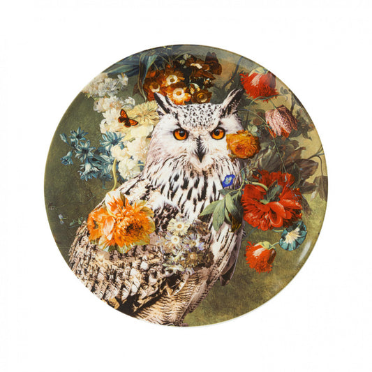 HEINEN DELFTS BLAUW WALL PLATE, OWL & FLOWERS, 'OEHOE', 26cm.