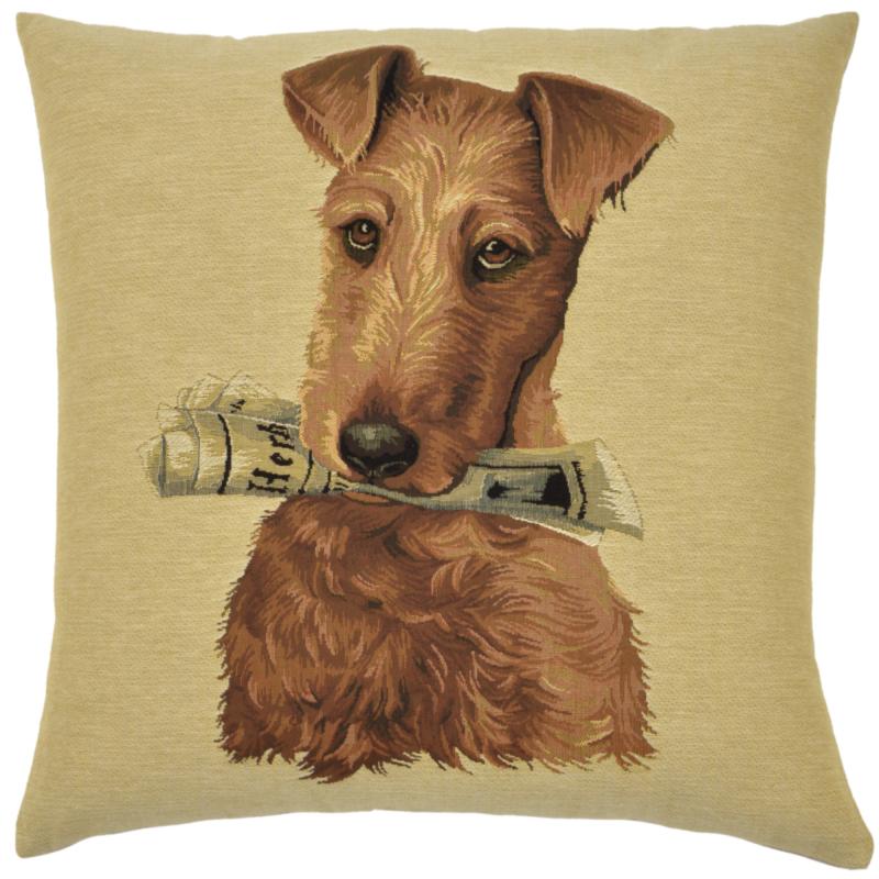 ADORABELLA, AIREDALE TERRIER WITH NEWSPAPER JACQUARD CUSHON, 45cm SQUARE, MADE IN AUSTRALIA.