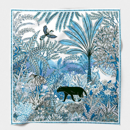 MAISON FANLI, COTTON & SILK SCARF SCARF 'PANTHER BLUE', 140cm SQUARE.