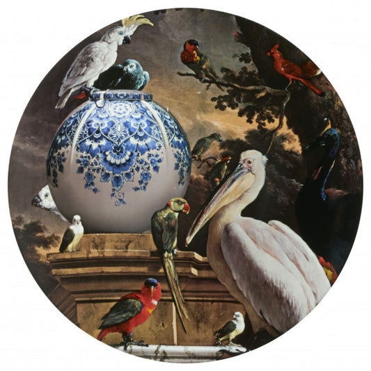 HEINEN DELFTS BLAUW WALL PLATE, PELICAN WITH EXOTIC BIRDS, 40cm.