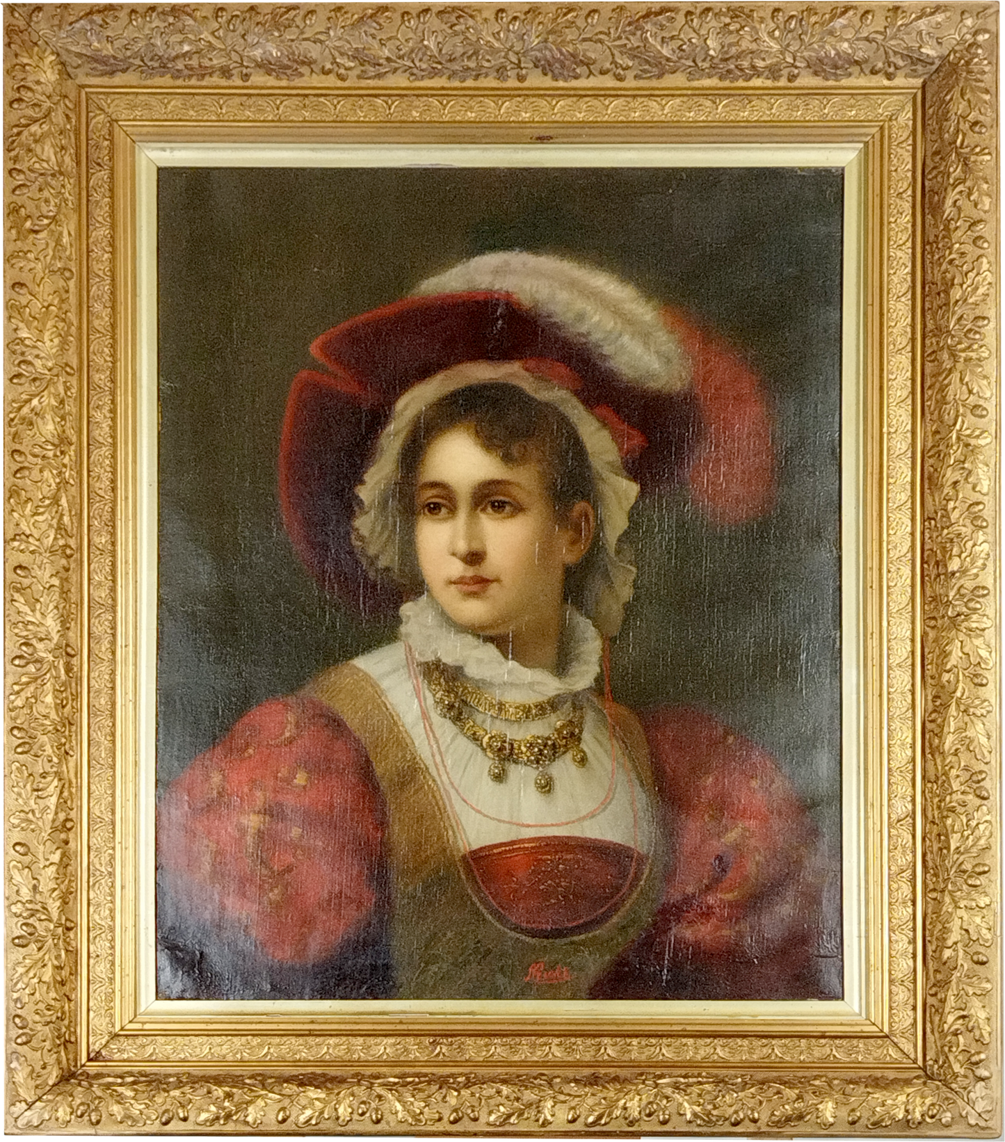 PORTRAIT OF A YOUNG LADY IN RED, FIRST HALF of 19th CENTURY, RESTORED ORIGINAL OAK DESIGN GILT FRAME, IMAGE 54 x 57cm, FRAME 68 x 90cm.