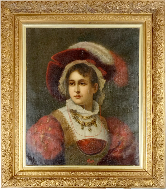 PORTRAIT OF A YOUNG LADY IN RED, FIRST HALF of 19th CENTURY, RESTORED ORIGINAL OAK DESIGN GILT FRAME, IMAGE 54 x 57cm, FRAME 68 x 90cm.