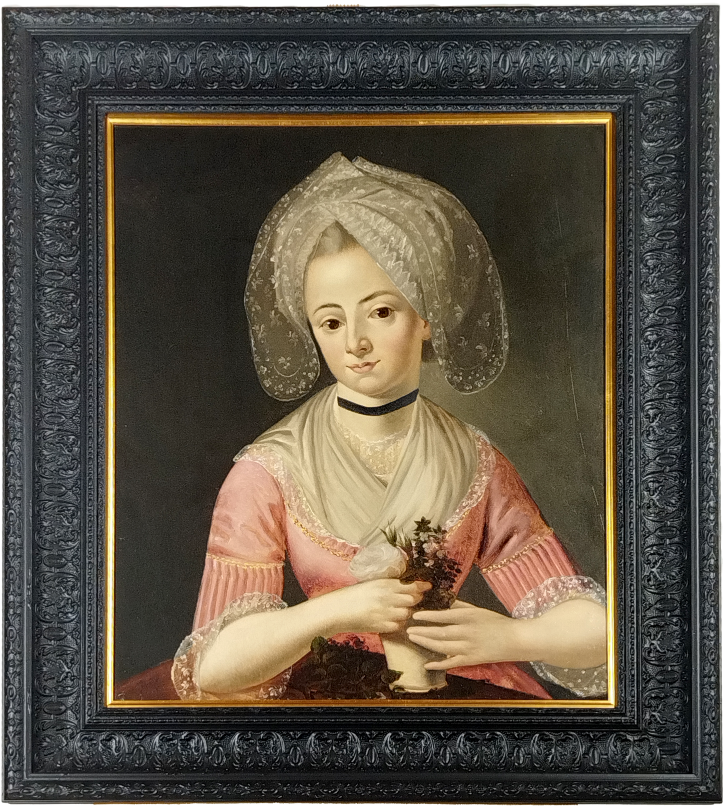 AN 18th CENTURY PORTRAIT OF A YOUNG LADY IN PINK HOLDING A POSY OF FLOWERS, OIL ON CANVAS,  IMAGE 55 x 85cm, CUSTOM MADE FRAME 73 x 84cm.