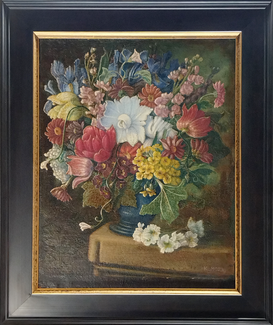 R. MORA, STILL LIFE WITH FLOWERS, LATE 19TH CENTURY, IMAGE 38 x 49cm, CUSTOM MADE FRAME, 53 x 64cm.